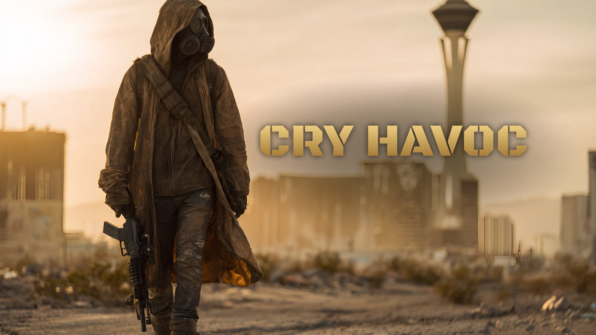 Hooded wanderer in a dual-canister gas mask walking a desert road toward the Las Vegas skyline at golden hour