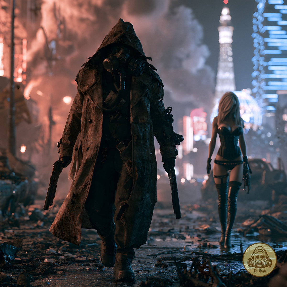 The captain walking the neon ruins at night