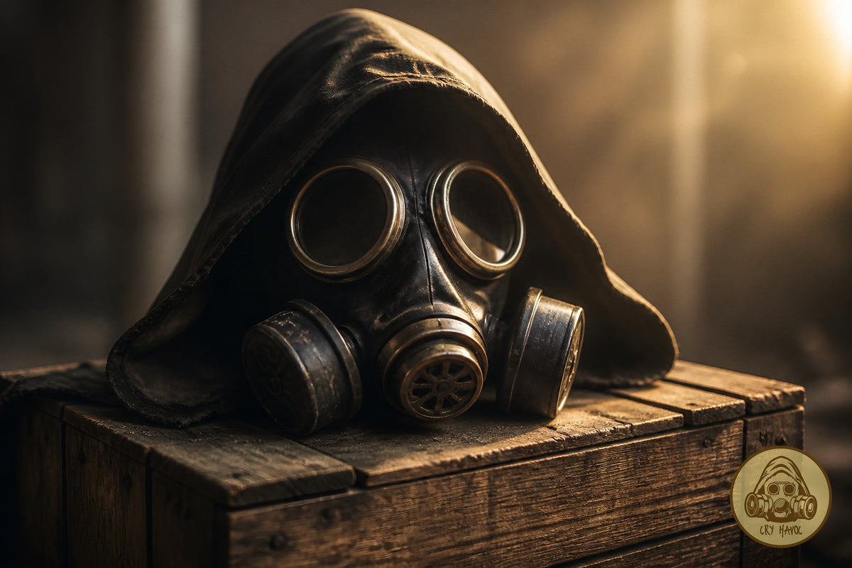 Hooded gas mask resting on a crate