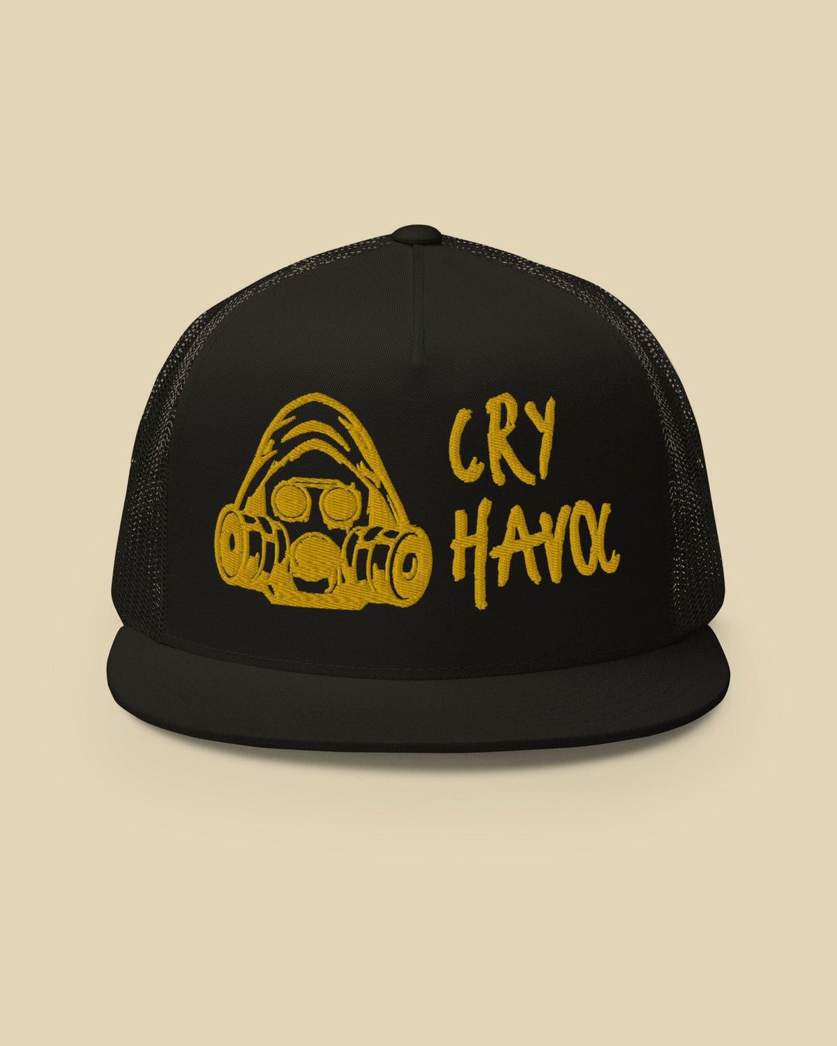 CRY HAVOC Gas Mask Trucker Hat, black and gold
