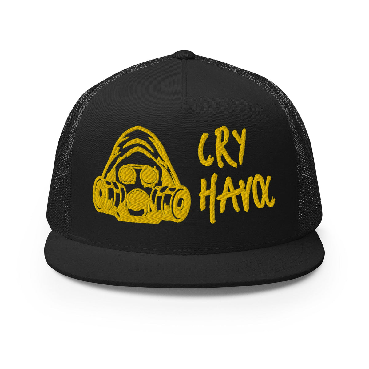 CRY HAVOC gas mask trucker hat, Black with Gold 1951 embroidery, front