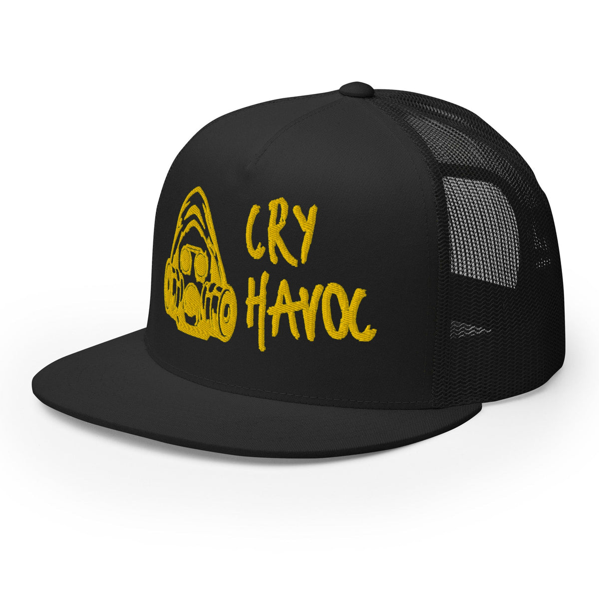 CRY HAVOC gas mask trucker hat, Black with Gold 1951 embroidery, left front