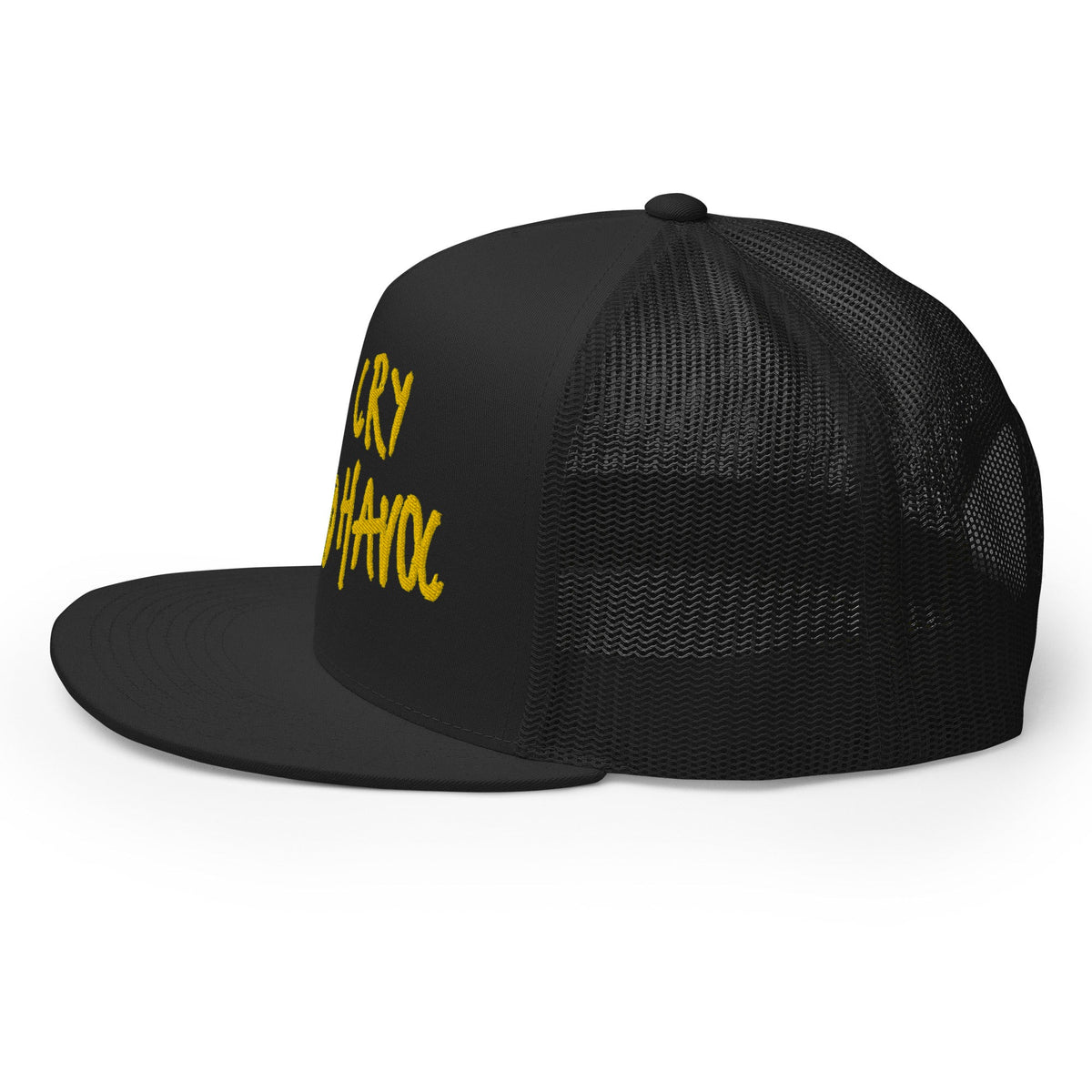 CRY HAVOC gas mask trucker hat, Black with Gold 1951 embroidery, left side