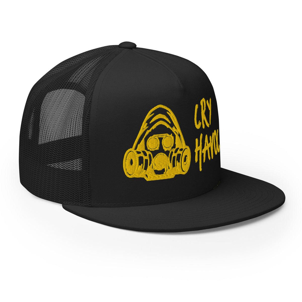 CRY HAVOC gas mask trucker hat, Black with Gold 1951 embroidery, right front