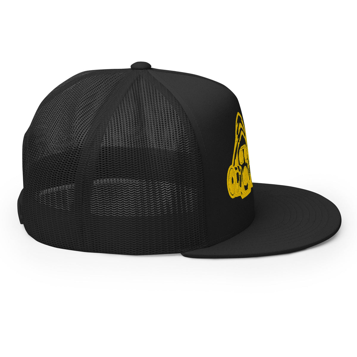 CRY HAVOC gas mask trucker hat, Black with Gold 1951 embroidery, right side